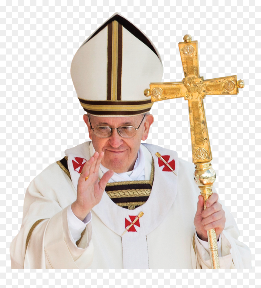 Pope Francis in white papal vestments, holding a golden processional cross and blessing with his right hand.