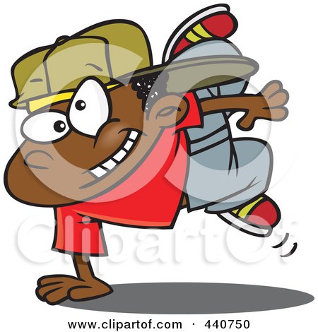 Cartoon boy in red shirt and backward cap dancing energetically with joyful expression.