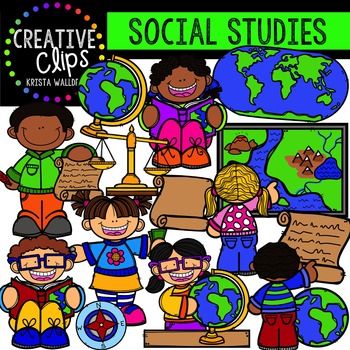 Diverse group of smiling children engaging with globes, maps, scrolls, and scales in a colorful social studies classroom illustration.