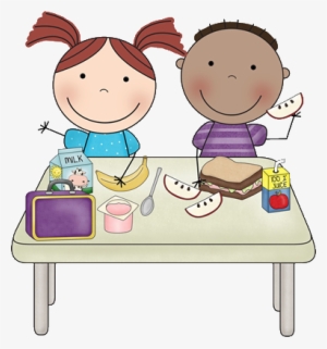 Two smiling children eating a healthy lunch together at a table with sandwiches, fruit, milk, and juice.