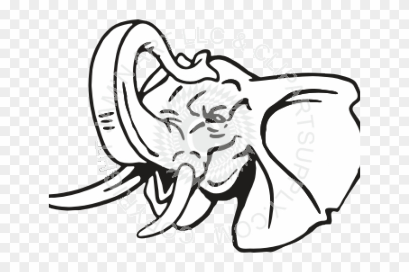 Black-and-white line drawing of a stylized elephant with raised trunk and large tusks, in vintage cartoon style.
