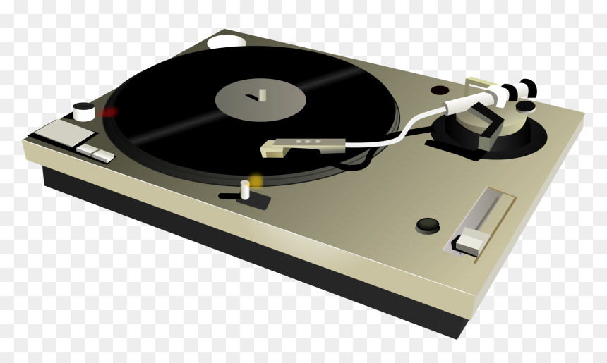 Vintage-style beige turntable with black vinyl record, tonearm, and control knobs on transparent background.
