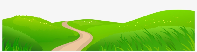 Winding dirt path through lush green rolling hills with wildflowers and tall grasses under a clear sky.