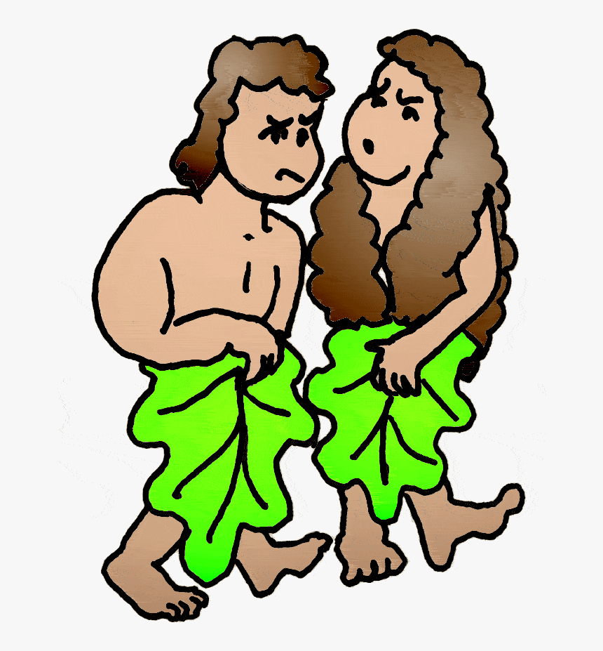 Cartoon illustration of Adam and Eve walking side by side, wearing green leaf coverings, with expressive faces.