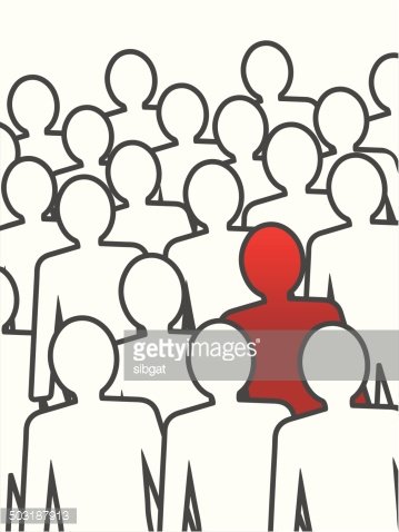 A red silhouette stands out among a crowd of white outlined figures, symbolizing individuality or leadership.