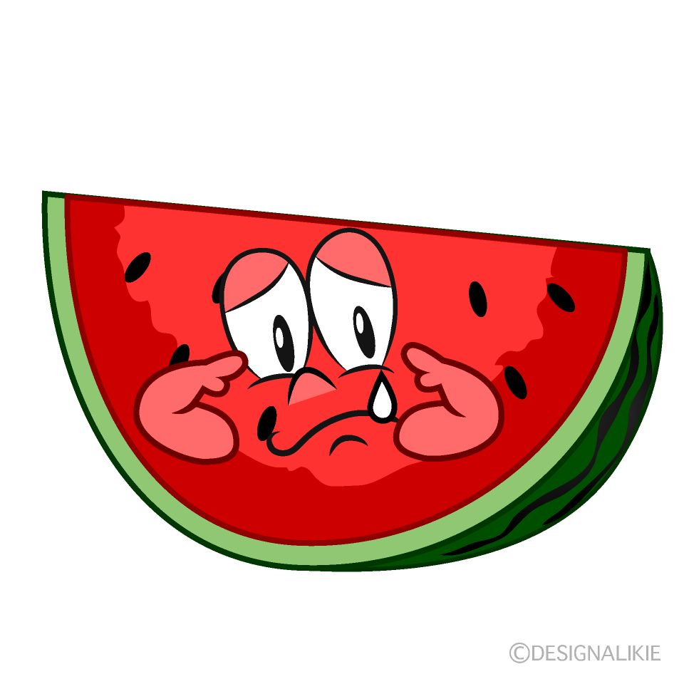A cartoon watermelon slice with a sad, crying face and black seeds.