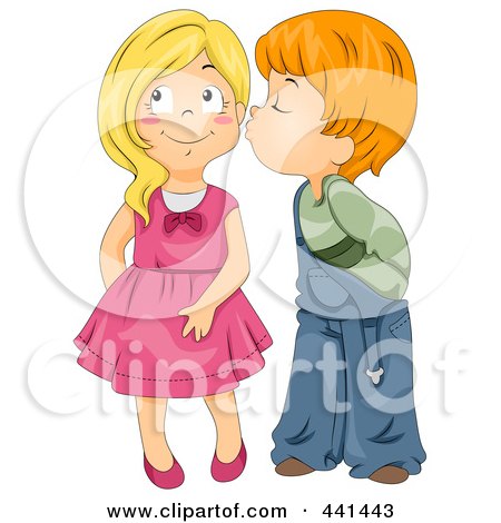 A cartoon boy with orange hair kisses a smiling blonde girl in a pink dress.