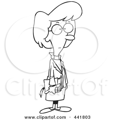 Black-and-white line drawing of a female scientist or teacher wearing glasses, lab coat, and holding papers.