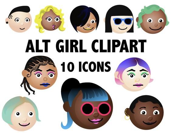 Ten diverse cartoon girl face icons with varied skin tones, hair colors, styles, and accessories like sunglasses and earrings.