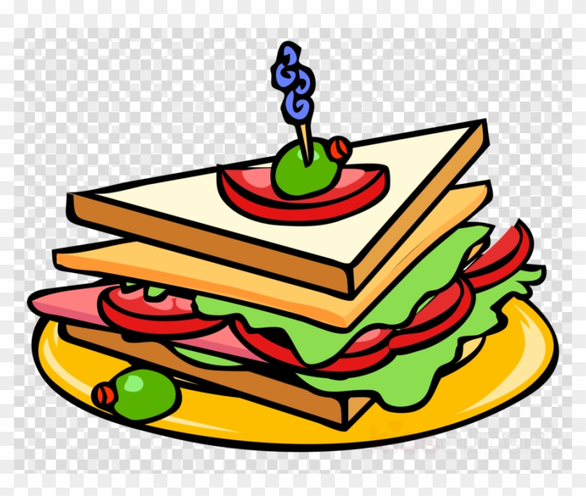 Colorful cartoon club sandwich with lettuce, tomato, ham, and olive garnish on a yellow plate.