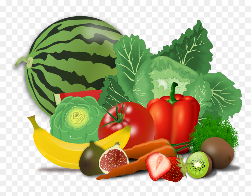 Vibrant assortment of fresh fruits and vegetables including watermelon, banana, tomato, bell pepper, carrot, strawberry, kiwi, fig, cabbage, and leafy greens.