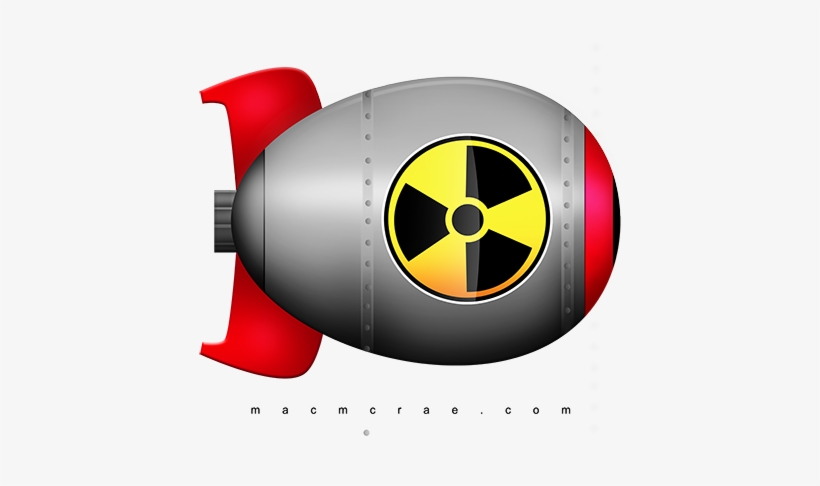 Stylized cartoon nuclear bomb with radiation symbol and red fins on white background.