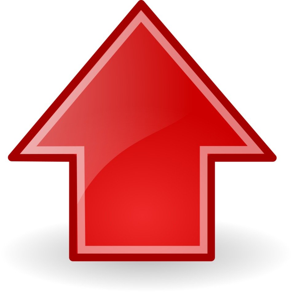 A glossy red upward-pointing arrow icon with a subtle shadow on white background.