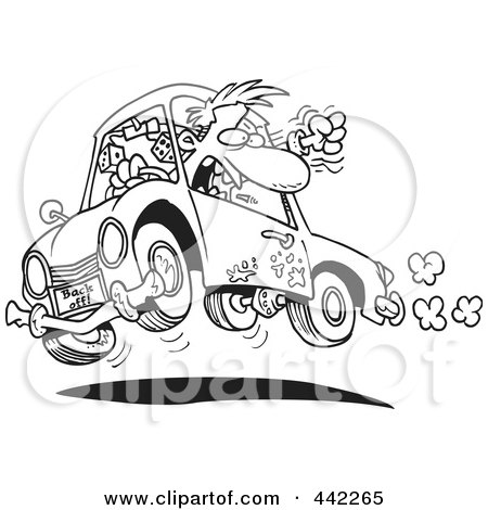 Cartoon driver panicking in a broken-down, smoking car with "Back Off!" license plate.