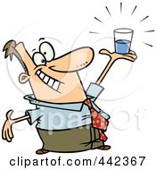 Cartoon man in shirt and tie holding up a glass of water with a cheerful, exaggerated expression.