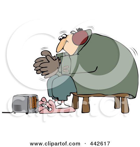 A shivering elderly man wrapped in a blanket sits on a stool, warming his hands near a small space heater, with pink slippers nearby.