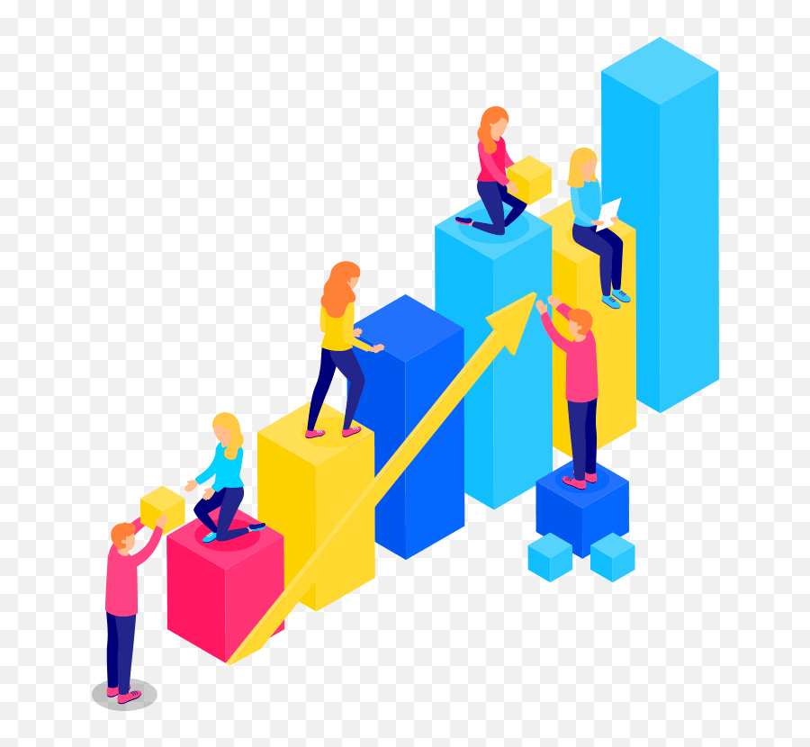 Team members climbing colorful 3D bar chart steps with upward arrow, symbolizing growth and collaboration.