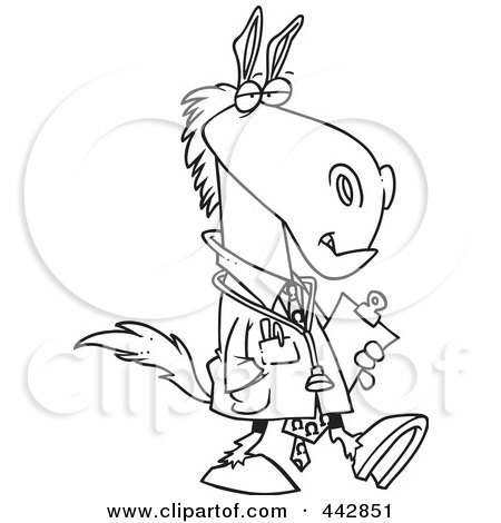 Cartoon donkey dressed as a doctor walking with clipboard and stethoscope.
