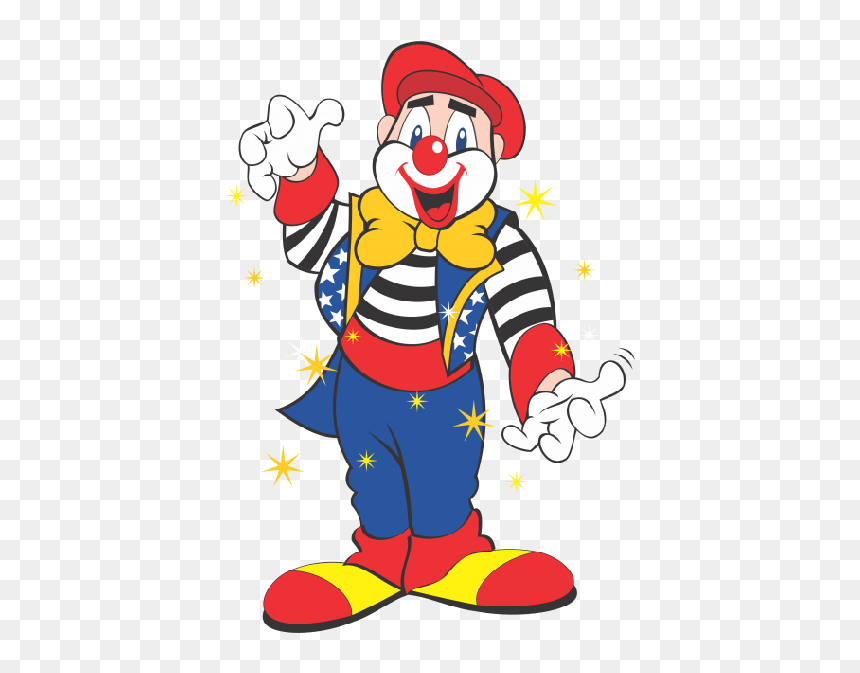 Cheerful cartoon clown in red hat, striped shirt, blue pants, and yellow bowtie, gesturing with sparkles around.