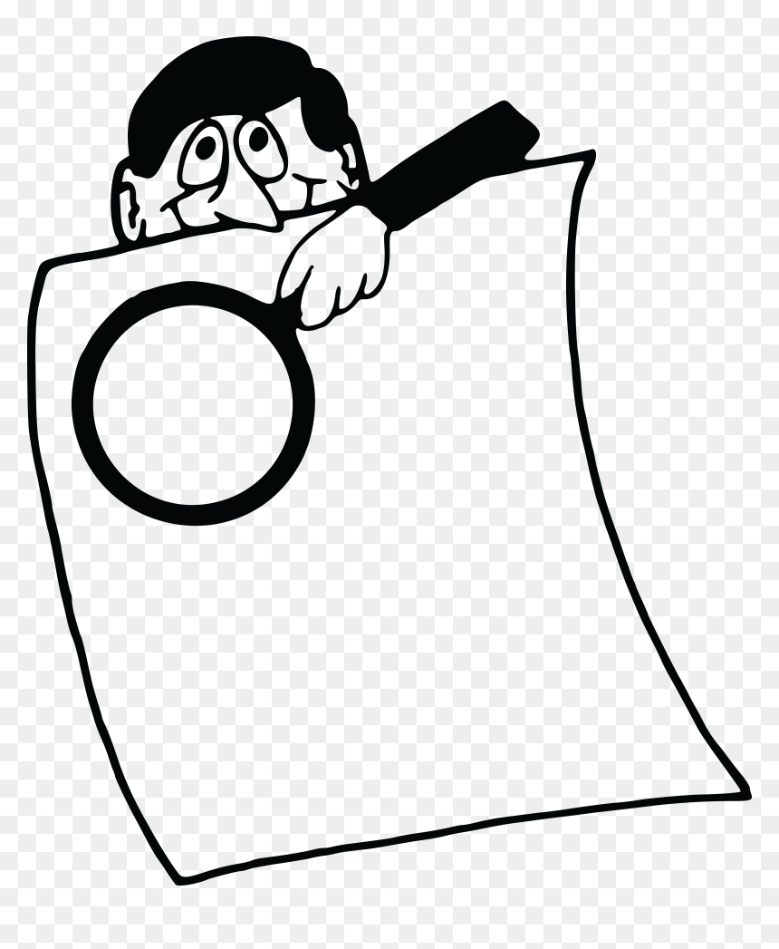 Cartoon detective peering over a large document with a magnifying glass, symbolizing investigation or research.