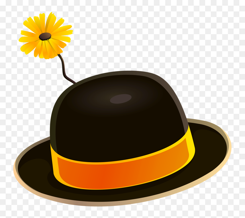 Black bowler hat with orange band and yellow daisy flower on a transparent background.
