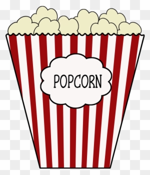 Red and white striped popcorn bucket filled with fluffy popcorn, labeled "POPCORN" in a cloud-shaped tag.