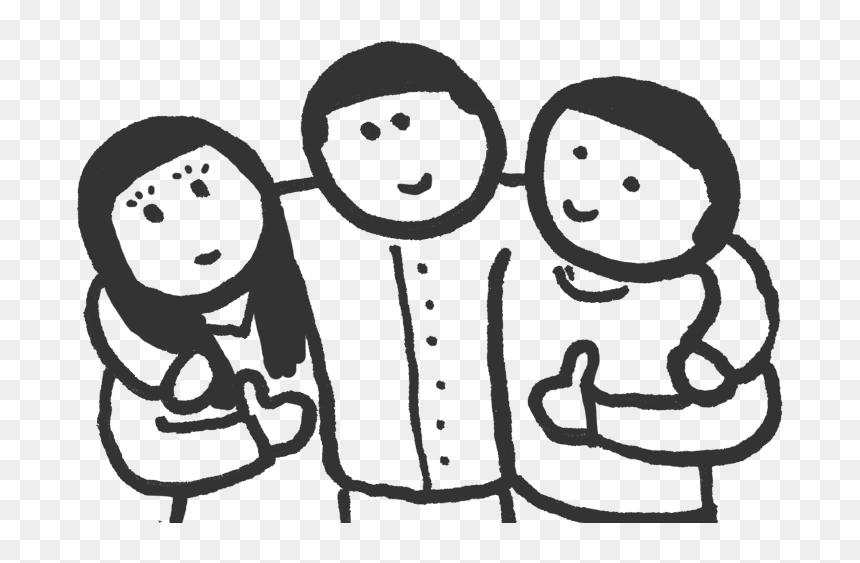 Hand-drawn sketch of three smiling people standing together, arms around each other in a friendly group hug.