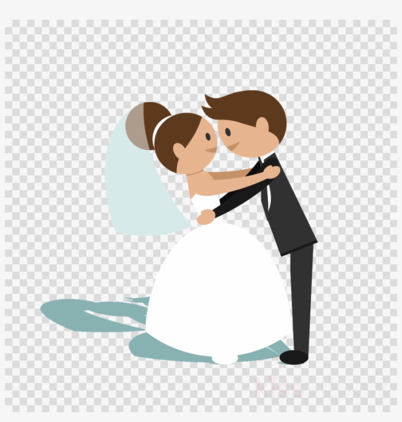 Cartoon bride and groom embracing in a joyful wedding pose, with veil and formal attire on transparent background.