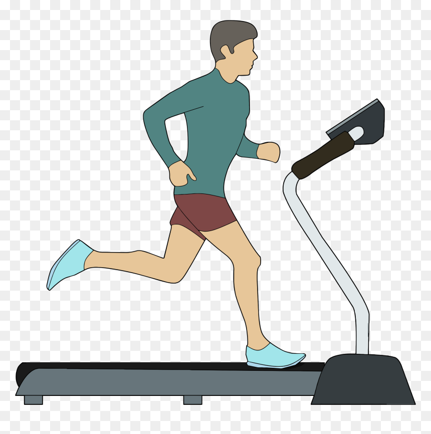 Man jogging on a treadmill in athletic wear, side profile view.