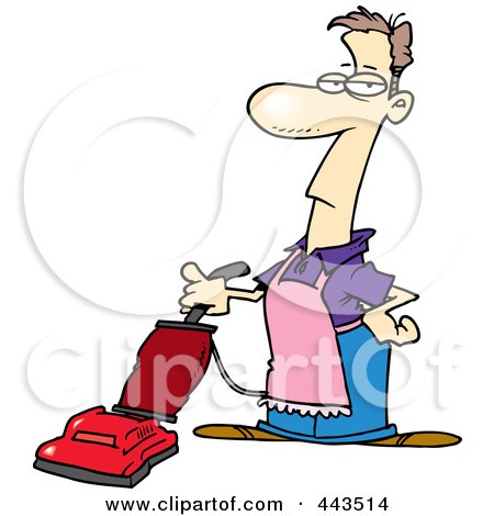 Cartoon man with glasses vacuuming, wearing apron and purple shirt, red upright vacuum cleaner.