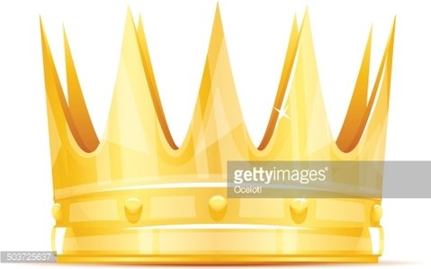 Golden royal crown with five pointed spikes and ornate band, glossy finish on white background.