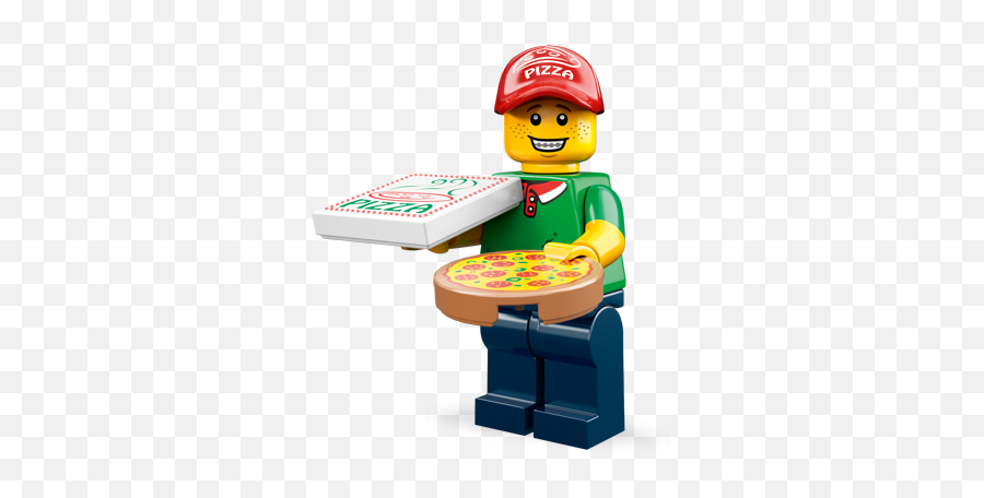 LEGO minifigure pizza delivery person holding a pizza box and a pizza slice.
