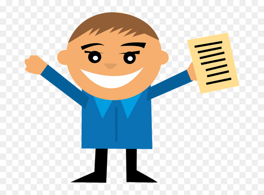 Happy cartoon man in blue suit holding document and celebrating success.
