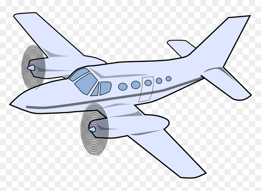 Light blue twin-propeller aircraft with cockpit windows and passenger portholes, illustrated in clean line art style.