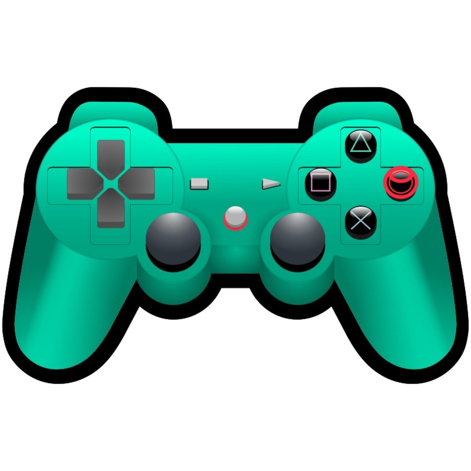 Teal-colored PlayStation-style game controller with black analog sticks, D-pad, and action buttons.