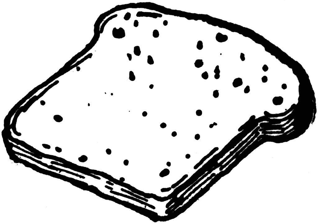 Hand-drawn black-and-white illustration of a single slice of white bread with visible air pockets and crust texture.
