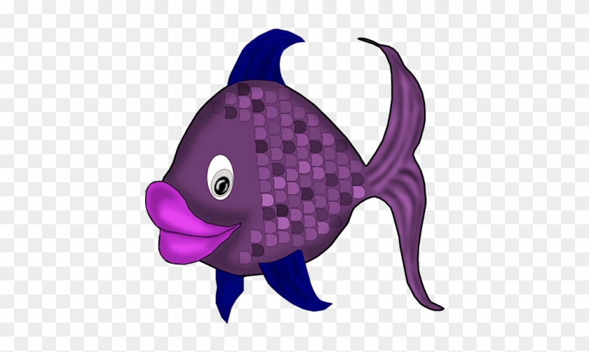 Purple cartoon fish with blue fins, pink lips, and expressive eye on transparent background.