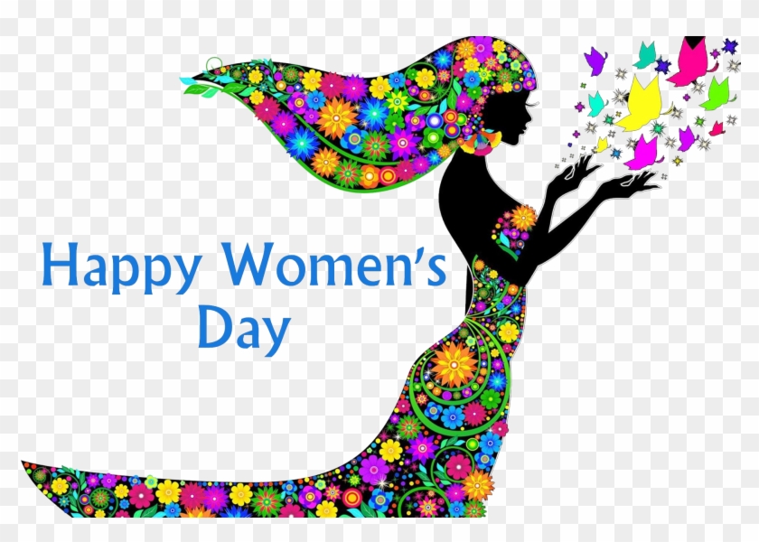 Silhouette of a woman adorned with colorful floral patterns, releasing butterflies, with "Happy Women's Day" text.