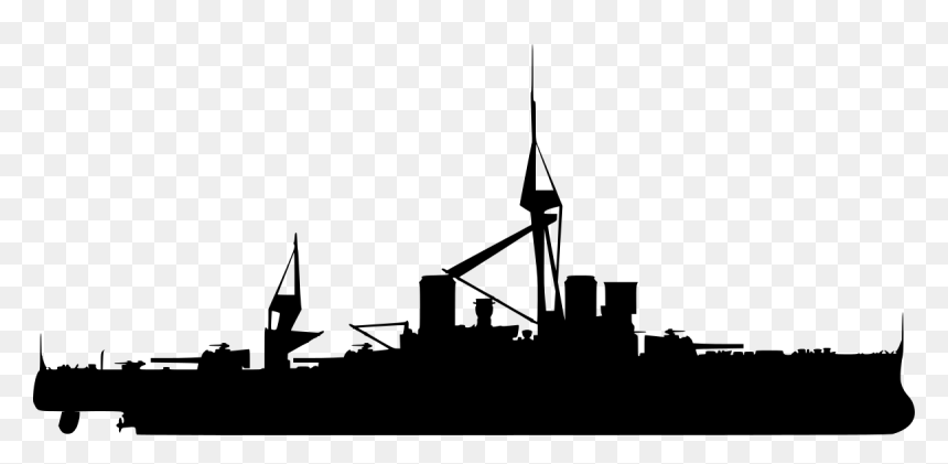 Silhouette of a vintage battleship with prominent mast, funnels, and gun turrets against transparent background.