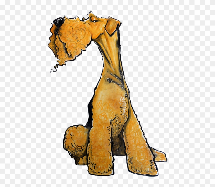 A stylized illustration of a wire-haired terrier sitting upright with head tilted back, rendered in warm orange and black tones.