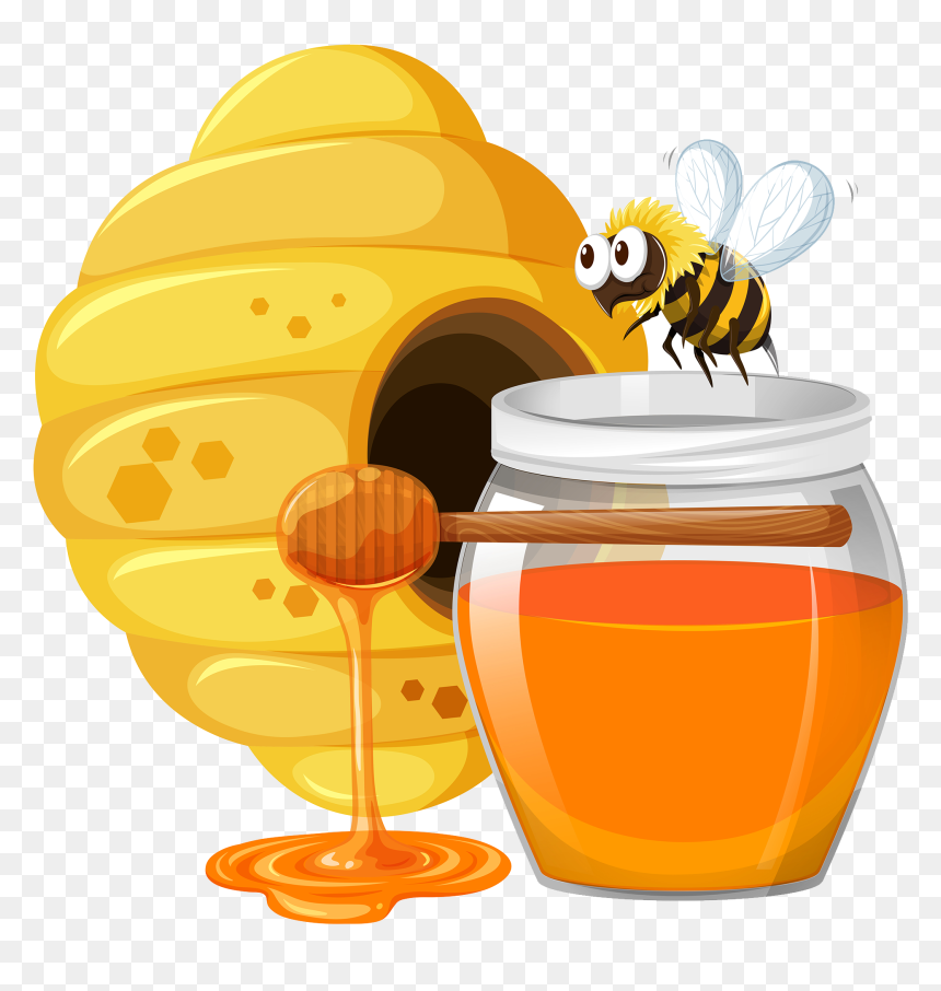 Cartoon bee hovering over a honey jar beside a beehive with dripping honey dipper.