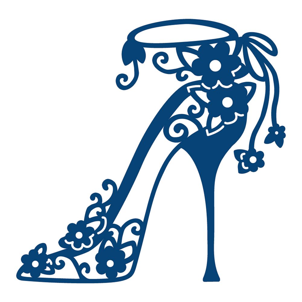 Elegant blue high-heeled shoe silhouette adorned with floral and scrollwork cutout details.