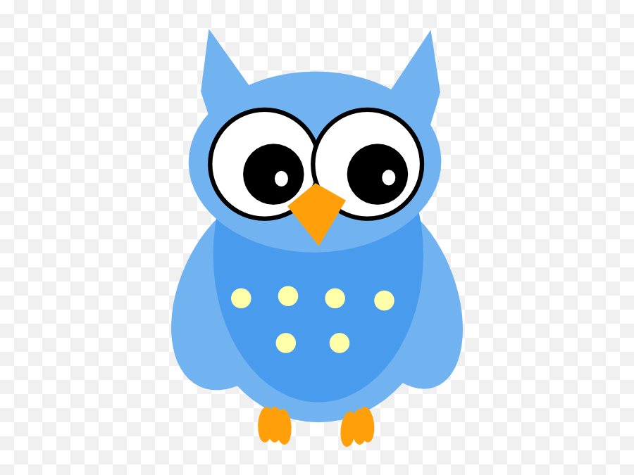Blue cartoon owl with large eyes, orange beak and feet, yellow spots on chest, on transparent background.