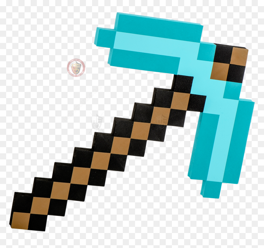 Pixelated diamond pickaxe from Minecraft, featuring a cyan head and black-and-brown checkered handle on a transparent background.