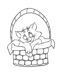 A sleepy cartoon kitten resting inside a woven basket with a cloth lining.