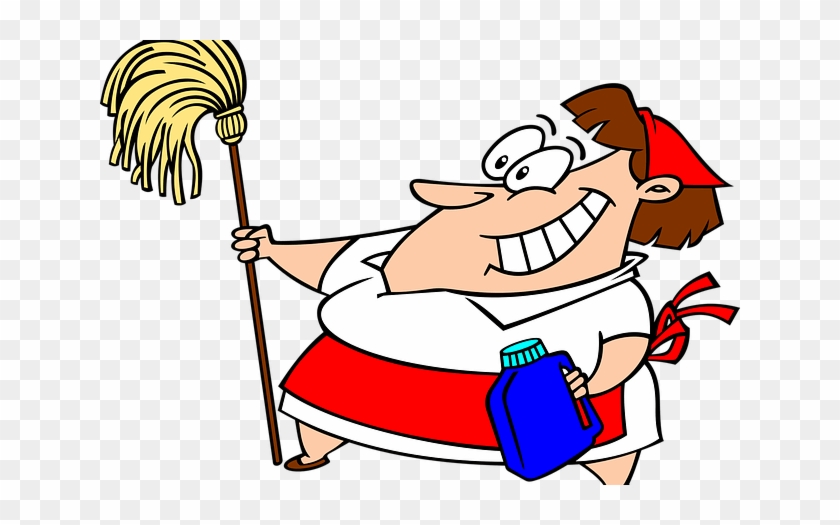 Cheerful cartoon maid holding a mop and cleaning solution, wearing red apron and headscarf.