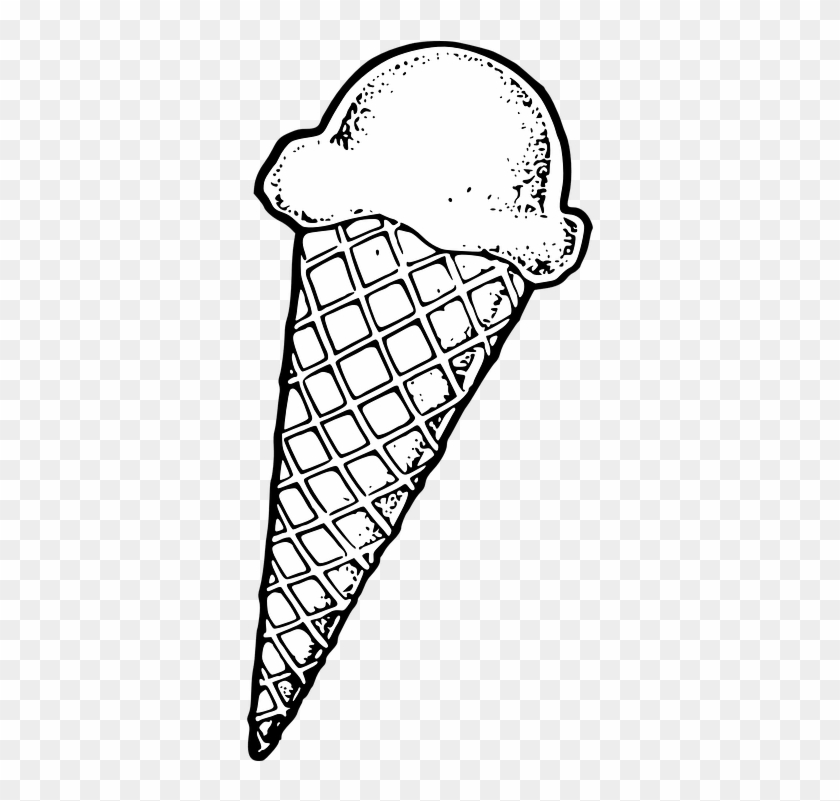 Black-and-white line drawing of a single scoop of ice cream in a waffle cone with grid pattern.