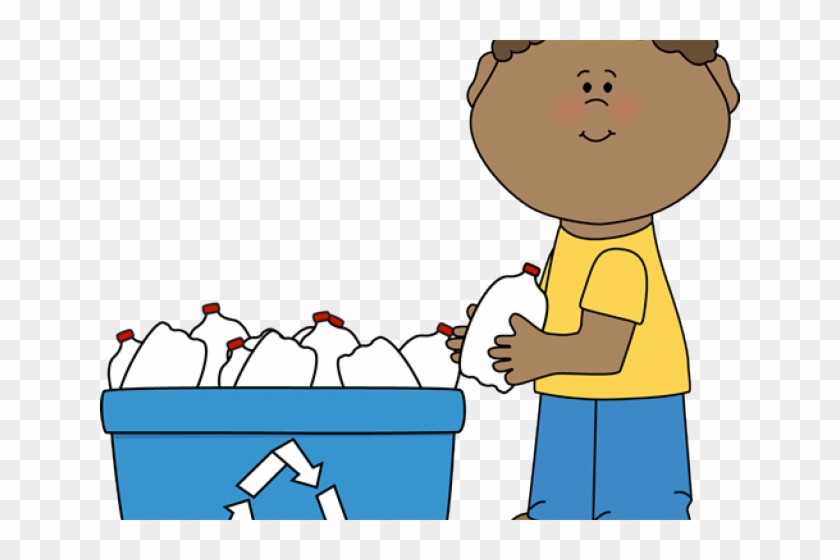 A smiling child in a yellow shirt recycles plastic bottles into a blue bin with recycling symbol.