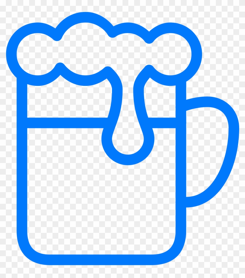 Blue line-art icon of a beer mug with foamy head and dripping overflow, on transparent background.
