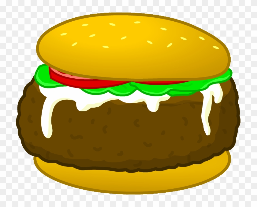 Cartoon-style cheeseburger with sesame seed bun, lettuce, tomato, and dripping cheese on a transparent background.